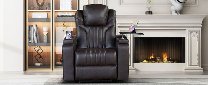 PU Leather Power Recliner Home Theater Recliner with Power Adjustable Headrest, Wireless Charging Device, USB Port, Storage Arms