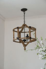 3 - Light Wood Drum Chandelier, Hanging Light Fixture with Adjustable Chain, Bulb Not Included