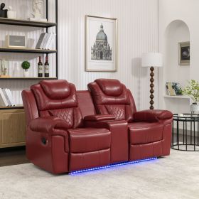 Home Theater Seating Manual Recliner Loveseat with Hide-Away Storage, Cup Holders and LED Light Strip for Living Room, Wine Red