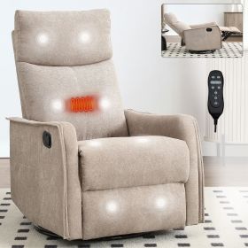 Heat Massage Manual Recliner Chair with Rocker and Swivel in Fabric for Living Room, Khaki