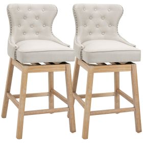 Upholstered Fabric Bar Height Bar Stools, 180° Swivel Nailhead-Trim Pub Chairs, 30" Seat Height with Rubber Wood Legs, Set of 2, Cream